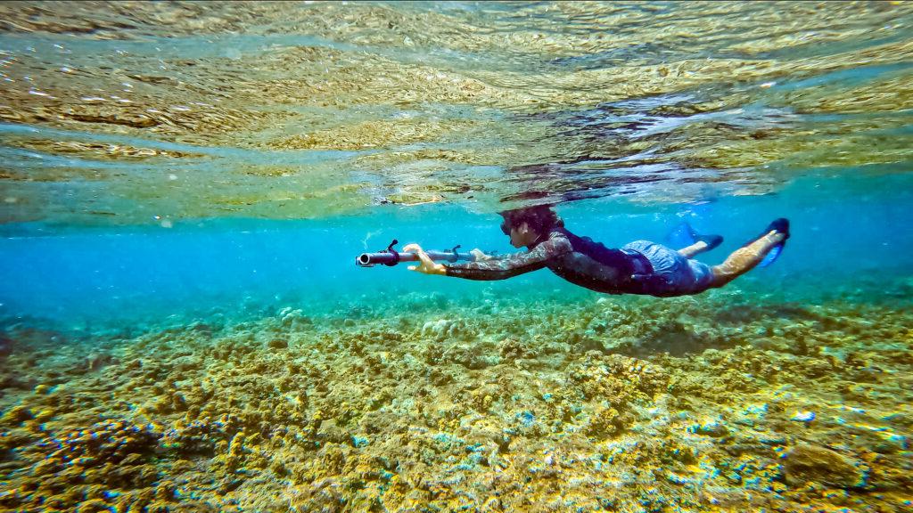 这是一张水下照片，萨米·巴萨穿着浮潜装备，在西布扬的珊瑚礁上方游泳，手里拿着一个测量工具.